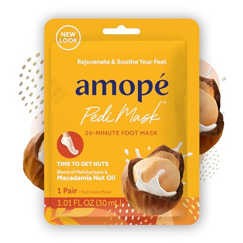 Amope Amop Pedi Mask 20Minute Foot Mask Intensely Moisturizing Socks SelfCare Time to Get Nuts with Macadamia Nut Oil Urea Vitamin Complex for Long Lasting Hydration 3 pair Packaging May Vary