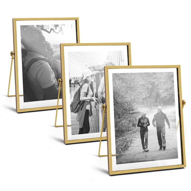 AceList Metal Picture Frames  Set of 3 Ornate Minimal Floating Edge Clear Glass Table Top Easel Stand Photo Frames in Gold  5 x 7  Assortment Variety - Image 1