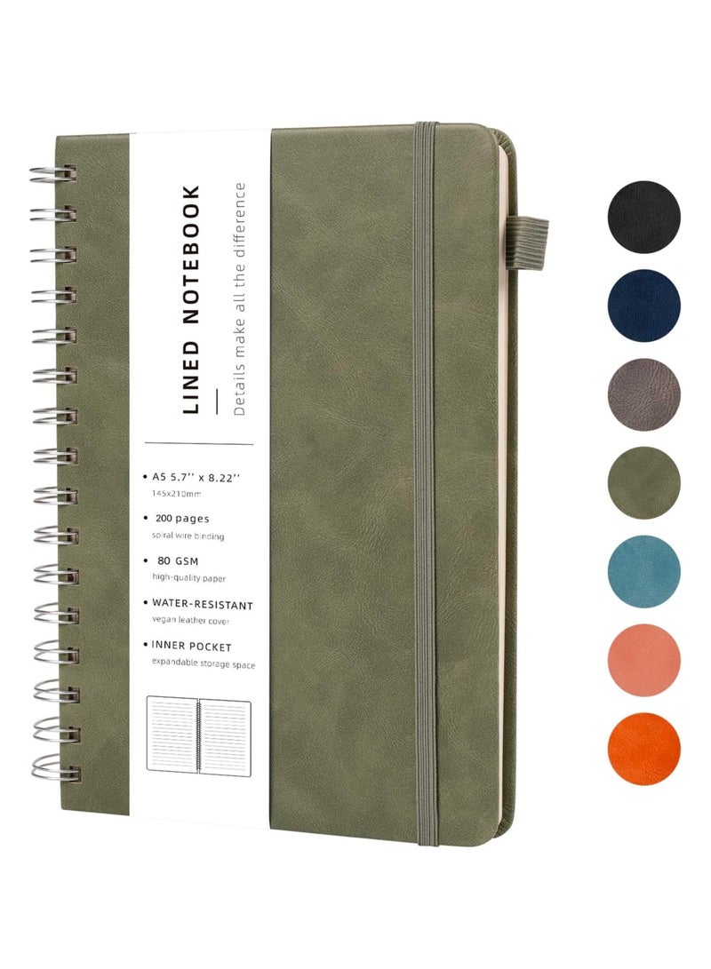 Hardcover Spiral Notebook for Men and Women, 200 Pages A5 College Ruled Leather with Pen Holder Notebook Journals for Note Taking Work, Green - Image 1