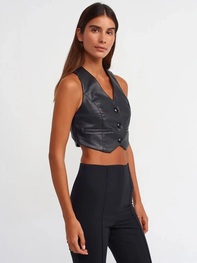 ديلفين Dilvin Faux Leather Sleeveless Crop Blouse