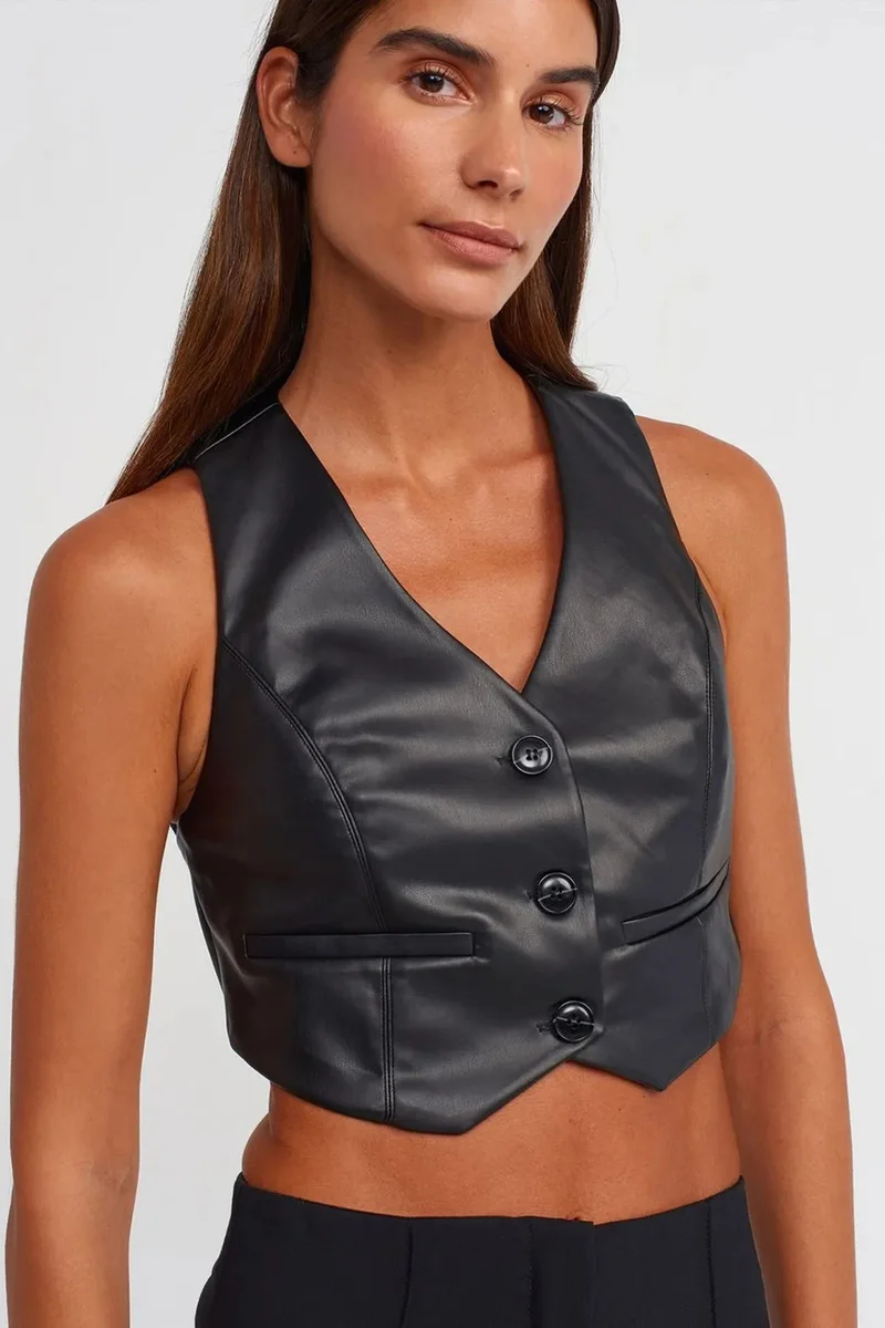 Dilvin Black DILVIN Faux Leather Sleeveless Crop Blouse for Women | Best Price UAE