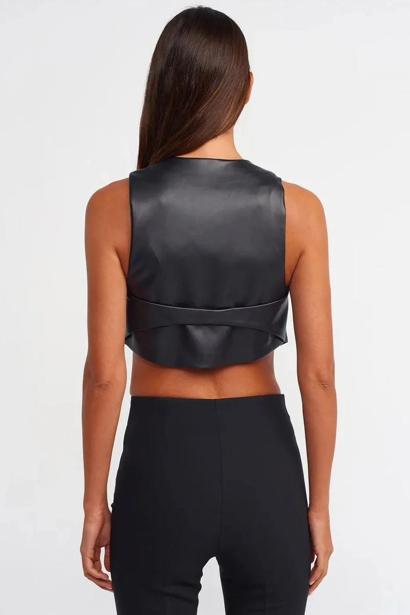 Dilvin Black DILVIN Faux Leather Sleeveless Crop Blouse for Women | Best Price UAE