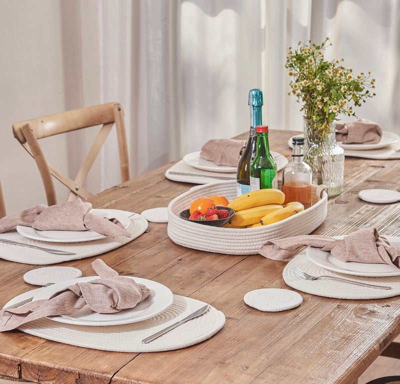ART pinecone Placemats Set of 6 Oval â€“ Woven Boho Farmhouse Table Mats for Dining Table for 6, Kitchen Decor, Washable and Handmade Rustic Table Accessories (16 * 12 Plus 6 Coasters, Off White) - Image 3