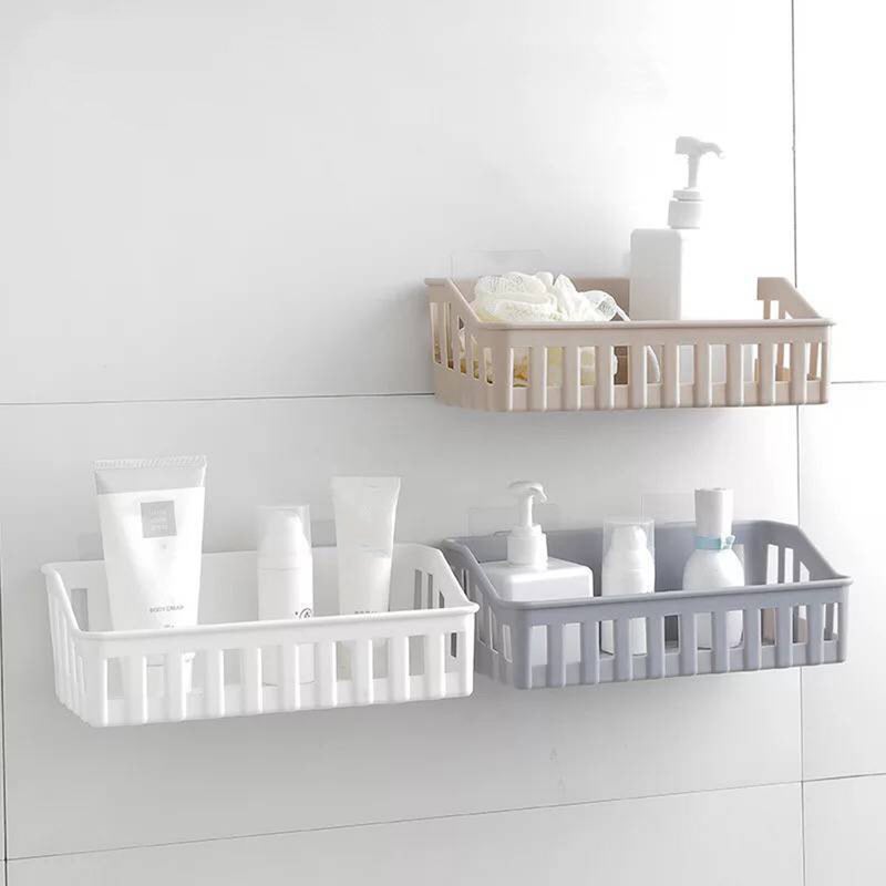 Bathroom Shelf Wall Mounted Storage Basket Punch Free Storage Rack Shower Organizer Kitchen Storage Holder (Light Coffee) - Image 1