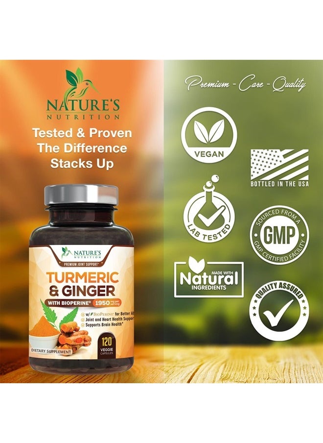 Turmeric Curcumin with BioPerine & Ginger 95% Standardized Curcuminoids 1950mg - Black Pepper for Max Absorption, Natural Joint Support, Nature's Tumeric Extract Supplement Non-GMO - 120 Capsules