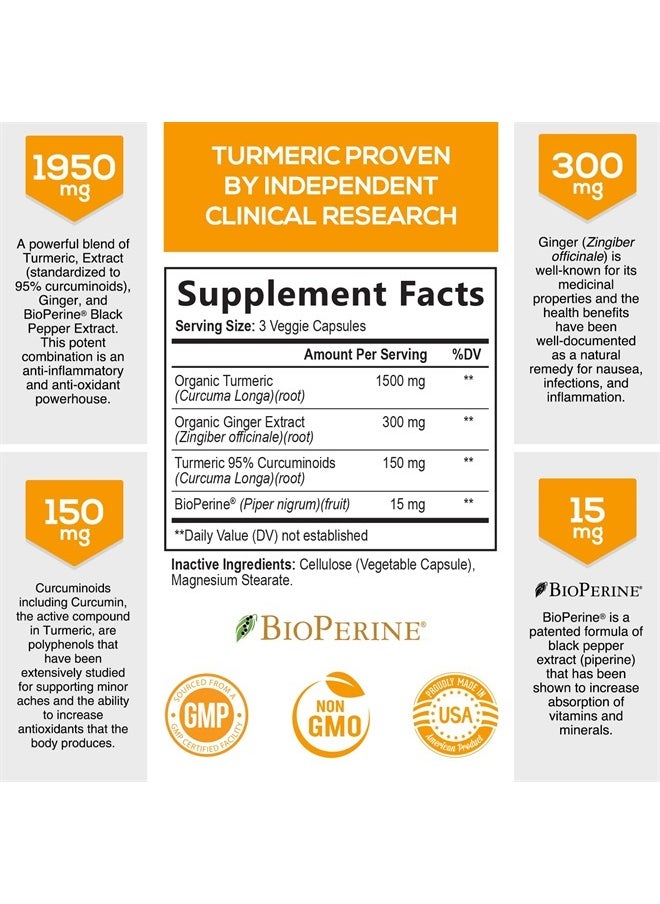 Turmeric Curcumin with BioPerine & Ginger 95% Standardized Curcuminoids 1950mg - Black Pepper for Max Absorption, Natural Joint Support, Nature's Tumeric Extract Supplement Non-GMO - 120 Capsules