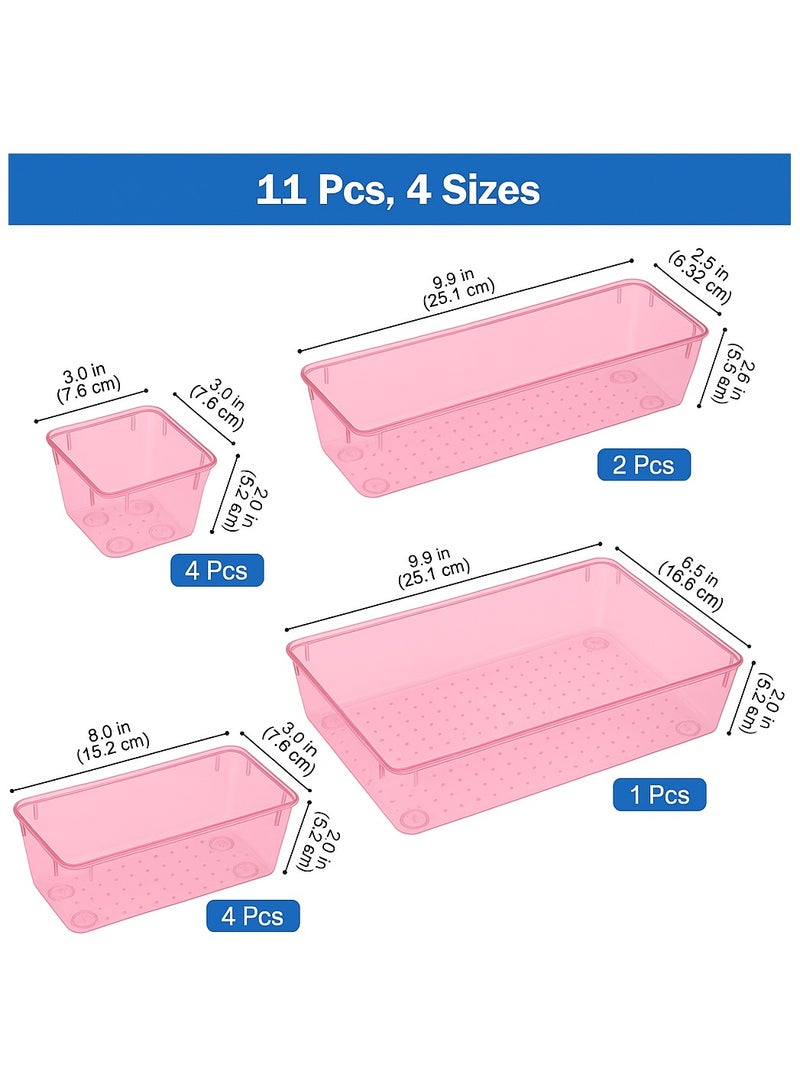 مجموعة صناديق تنظيم أدراج المكياج، 11 قطع، 4 أحجام من صواني تنظيم المكياج، حاويات تخزين أكريليك بينك لمستحضرات التجميل، ومستلزمات النظافة، والمجوهرات - Image 2
