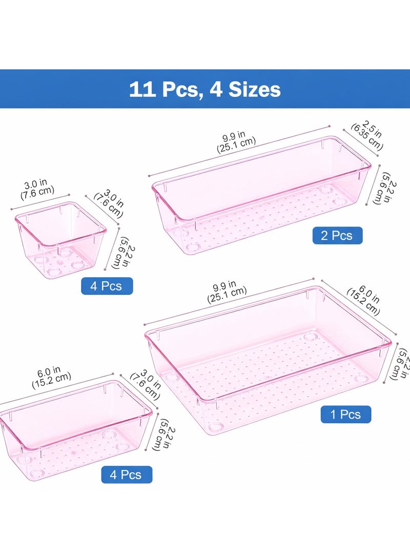 مجموعة صناديق تنظيم أدراج المكياج، 11 قطع، 4 أحجام من صواني تنظيم المكياج، حاويات تخزين أكريليك بينك لمستحضرات التجميل، ومستلزمات النظافة، والمجوهرات - Image 3