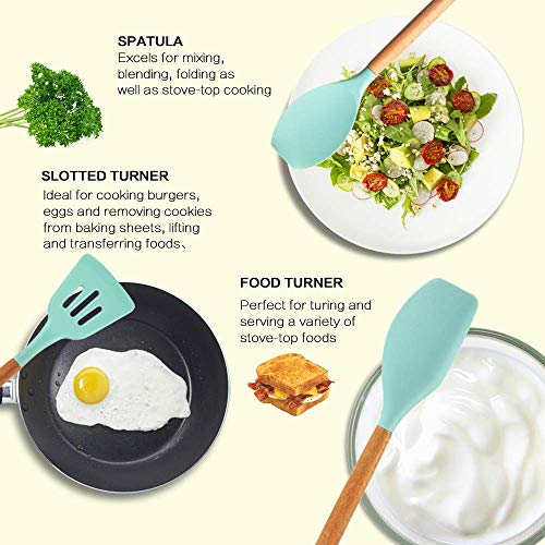 Ziaon 11 pcs Silicone Heat-Resistant Non-Stick Kitchen Utensil Set with Wood Handles Cooking Tools, Turner, Whisk, Spoon, Brush, Spatula, Ladle Slotted Tongs Pasta Fork (Mint Green) - Image 2