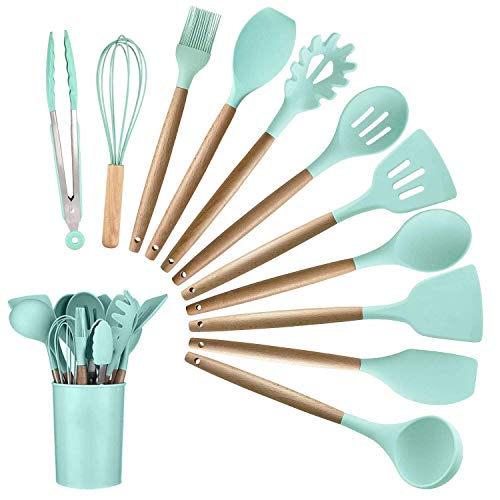 Ziaon 11 pcs Silicone Heat-Resistant Non-Stick Kitchen Utensil Set with Wood Handles Cooking Tools, Turner, Whisk, Spoon, Brush, Spatula, Ladle Slotted Tongs Pasta Fork (Mint Green) - Image 3