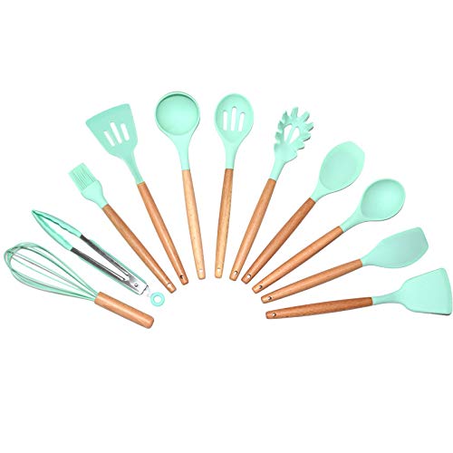 Ziaon 11 pcs Silicone Heat-Resistant Non-Stick Kitchen Utensil Set with Wood Handles Cooking Tools, Turner, Whisk, Spoon, Brush, Spatula, Ladle Slotted Tongs Pasta Fork (Mint Green) - Image 1