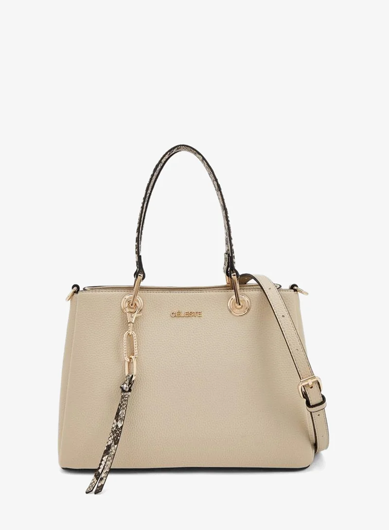 Solid Tote Bag With Detachable Strap And Zip Closure