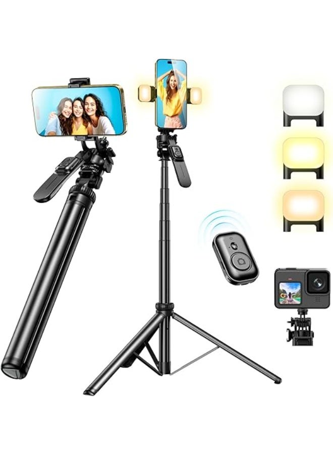 2-Meter Tripod Stand with Remote and Dual Lights – 360° Rotating – Selfie Stick and Phone Holder – Compatible with Phones, Action Cameras, and More - Image 1