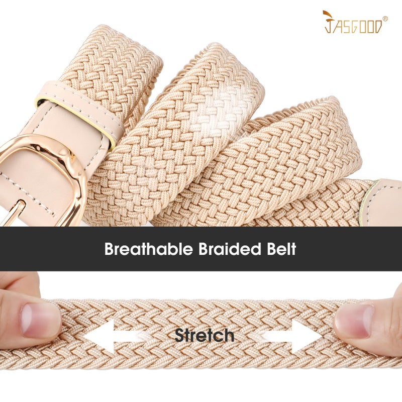 JASGOOD Braided Elastic Belt for Women Stretchy Woven Golf Belt Casual Web Belt for Jeans Pants with Gold Buckle, Beige, Fit Waist Size 26inch-31inch - Image 4