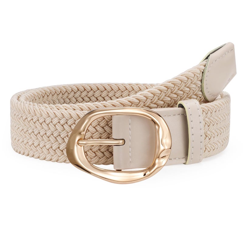 JASGOOD Braided Elastic Belt for Women Stretchy Woven Golf Belt Casual Web Belt for Jeans Pants with Gold Buckle, Beige, Fit Waist Size 26inch-31inch - Image 1