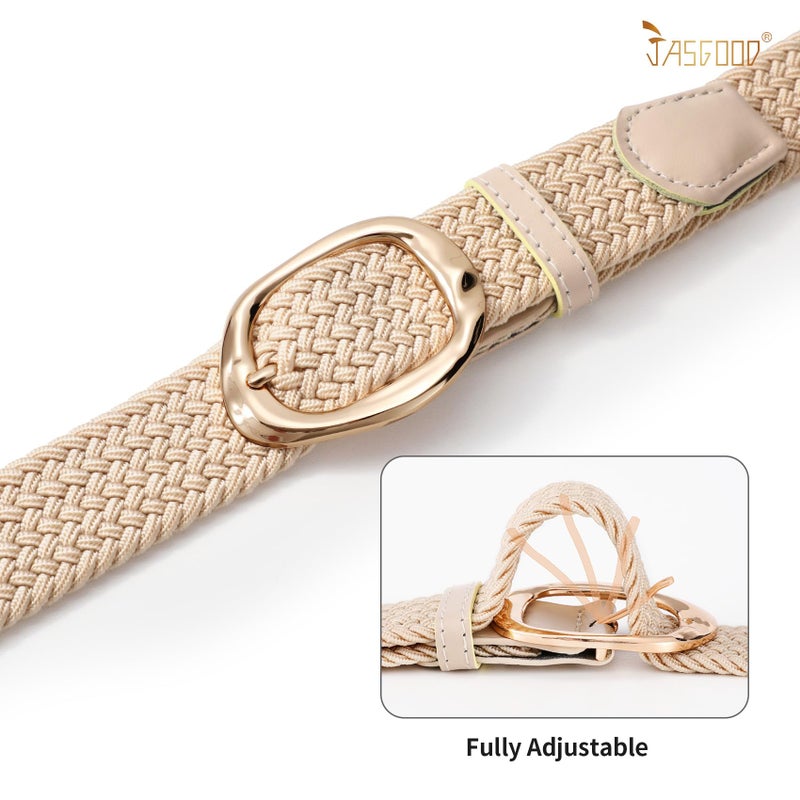 JASGOOD Braided Elastic Belt for Women Stretchy Woven Golf Belt Casual Web Belt for Jeans Pants with Gold Buckle, Beige, Fit Waist Size 26inch-31inch - Image 2