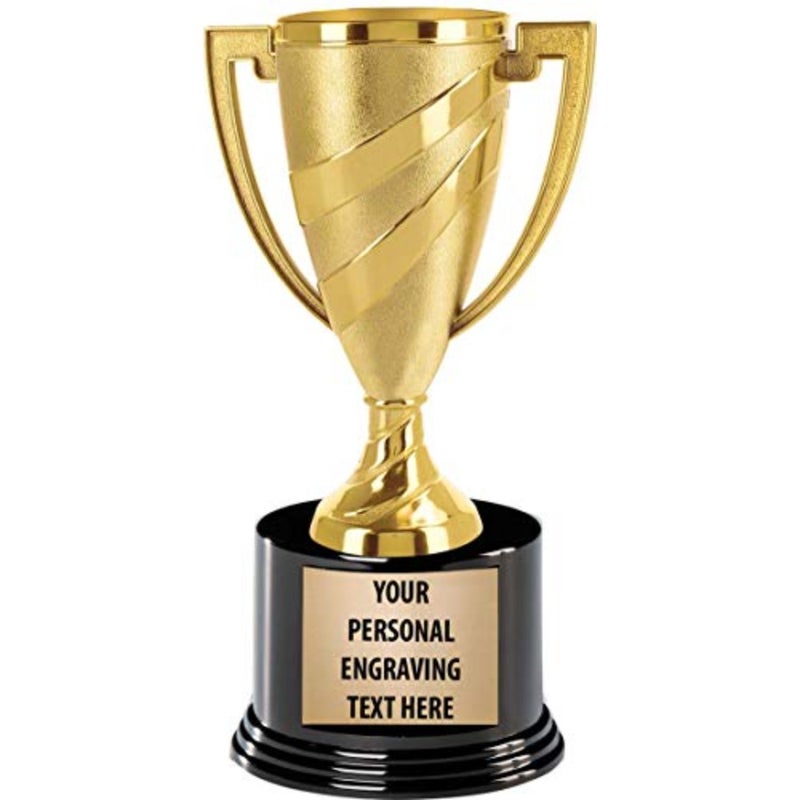 Gold Cup Trophies with Custom Engraving, 7.25" Personalized Gold Swirl Cup Achievement Trophy On Deluxe Round Base - Image 1