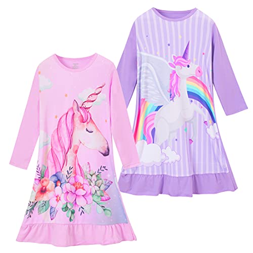 ZEBZOO Nightgowns for Girls Unicorn Dress Toddler Kids Pajamas Long Sleeve Night Gown(2-Pack,4-5 Years) - Image 1