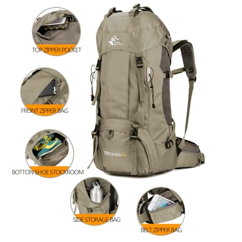 Bseash 60L Waterproof Hiking Camping Backpack with Rain Cover, Large Outdoor Sport Travel Daypack Rucksack for Climbing - Image 2