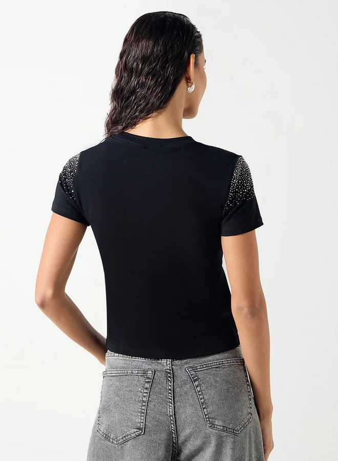 2Xtremz 2Xtremz Embellished Crew Neck T-shirt with Short Sleeves