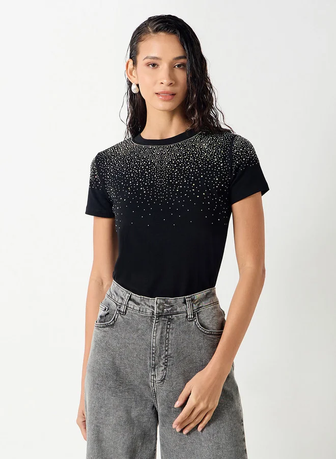 2Xtremz 2Xtremz Embellished Crew Neck T-shirt with Short Sleeves