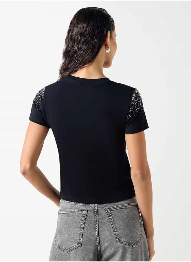 2Xtremz 2Xtremz Embellished Crew Neck T-shirt with Short Sleeves