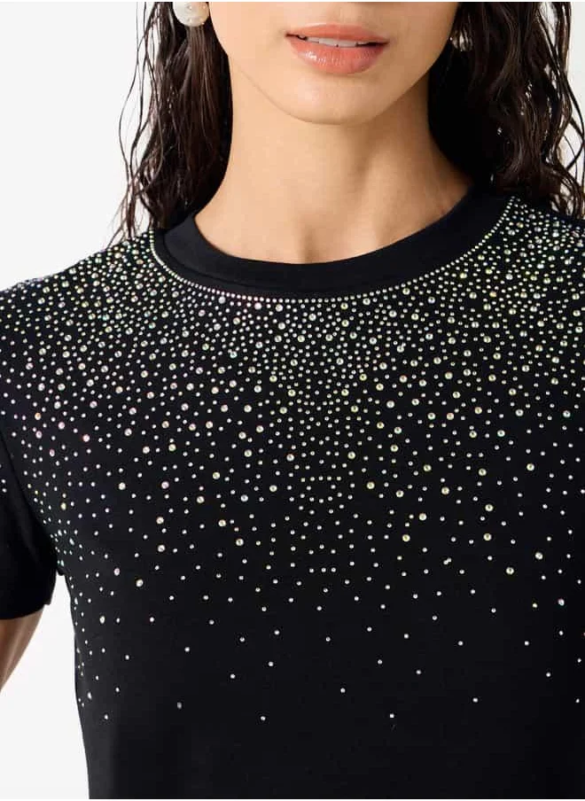 2Xtremz 2Xtremz Embellished Crew Neck T-shirt with Short Sleeves