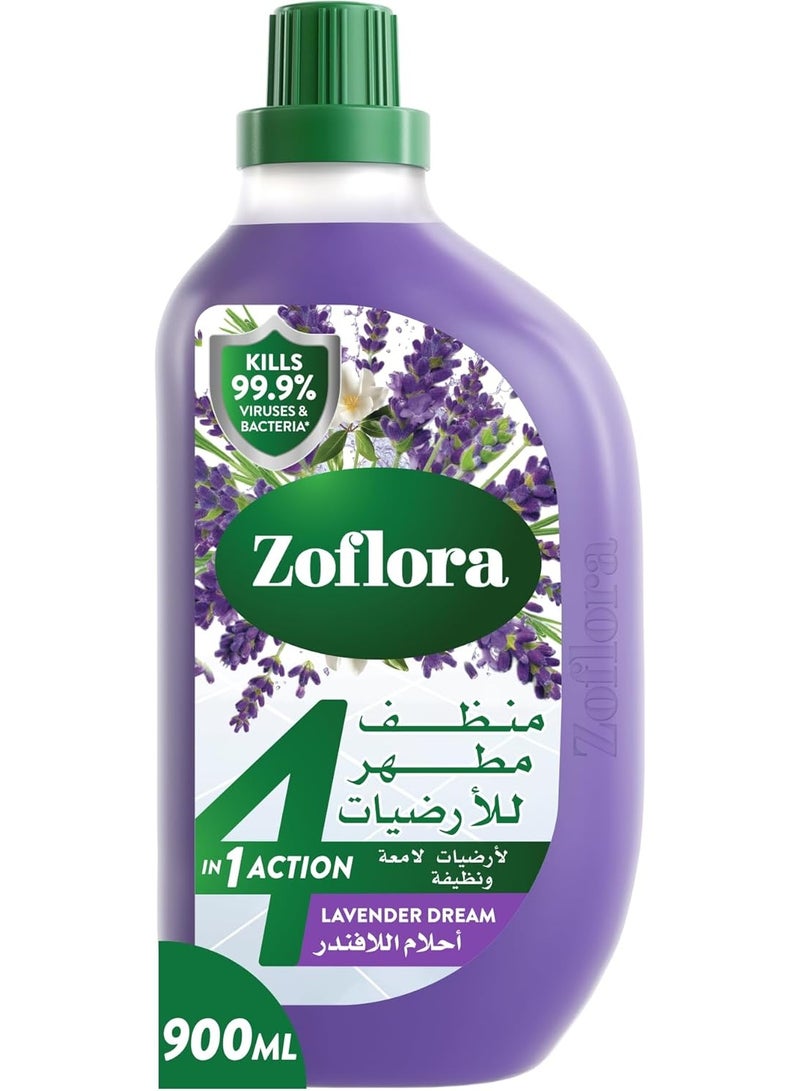زوفلورا منظف ​​الأرضيات زوفلورا برائحة اللافندر دريم 900 مل، مطهر مضاد للبكتيريا متعدد الأغراض للأسطح ومنظف الأسطح والأرضيات، 4 في 1، تنظيف فعال لأرضيات لامعة ونظيفة، عطر يدوم طويلاً - Image 1