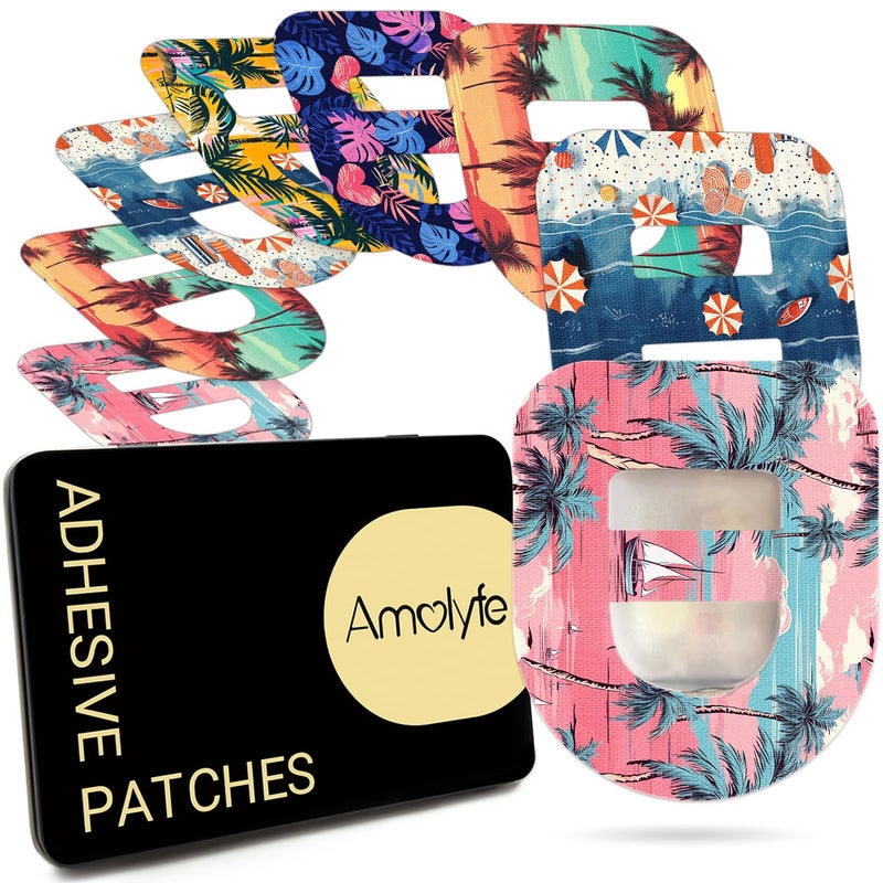 Amolyfe Omnipod 5 Adhesive Patches Waterproof, 20 Pack Amolyfe Omnipod Overpatches with Stretchable Strap, Breathable, Long-Lasting Medical Adhesive, Premium Hinged Tin (Beach Sunset) - Image 1