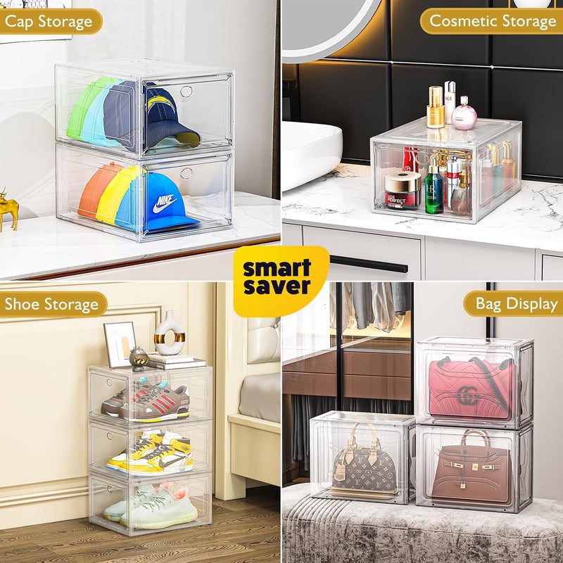 Smart Saver صناديق تخزين الأحذية الكبيرة الذكية المنظمين شفافة بلاستيكية قابلة للتكديس 6 عبوات رف أحذية مغناطيسي حاويات أحذية منظم تخزين ألعاب لباب المدخل خزانة تحت السرير أبيض - Image 3