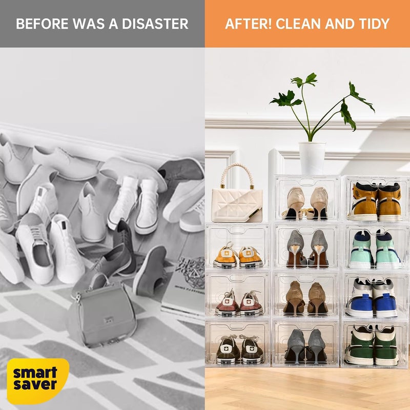 Smart Saver صناديق تخزين الأحذية الكبيرة الذكية المنظمين شفافة بلاستيكية قابلة للتكديس 6 عبوات رف أحذية مغناطيسي حاويات أحذية منظم تخزين ألعاب لباب المدخل خزانة تحت السرير أبيض - Image 5