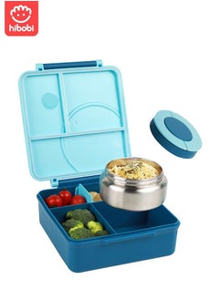 hibobi Portable Lunch Box with Food Grade Stainless Steel, 3-Compartment Large Storage Space and 1 Extra Rice Bowl, Leak proof, Microwave, Dishwasher, Freezer Safe, Bpa-Free, Blue  - Image 1
