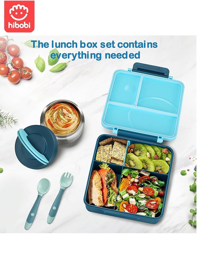 hibobi - Portable Lunch Box with Food Grade Stainless Steel, 3-Compartment Large Storage Space and 1 Extra Rice Bowl, Leak proof, Microwave, Dishwasher, Freezer Safe, Bpa-Free, Blue - Image 1