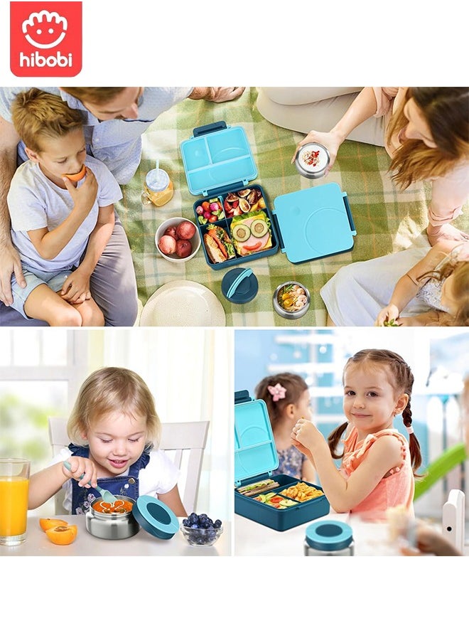 hibobi - Portable Lunch Box with Food Grade Stainless Steel, 3-Compartment Large Storage Space and 1 Extra Rice Bowl, Leak proof, Microwave, Dishwasher, Freezer Safe, Bpa-Free, Blue - Image 1