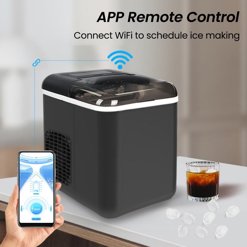 AMINAC Countertop Ice Maker with App Control, 12kg in 24Hrs, 9 Bullet Ice Cubes in 6 Mins, Self-Cleaning Ice Machine with Basket and Scoop, Ideal for Home, Kitchen, Office, Quiet Operation, Black - Image 2
