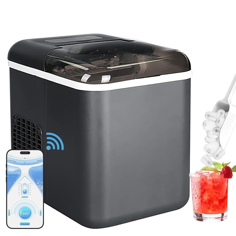 AMINAC Countertop Ice Maker with App Control, 12kg in 24Hrs, 9 Bullet Ice Cubes in 6 Mins, Self-Cleaning Ice Machine with Basket and Scoop, Ideal for Home, Kitchen, Office, Quiet Operation, Black - Image 1