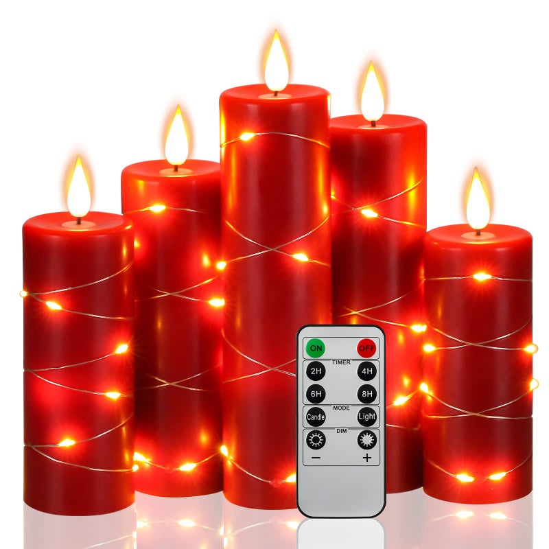 Da by Flameless Candles 5-Pack Fairy String Lights LED Candles,360 Degree Viewing Angle, with Starry String Lights, with 10-Key Remote Control, 24-Hour Timer Function, Dancing Flame, Real Wax(Red). - Image 1