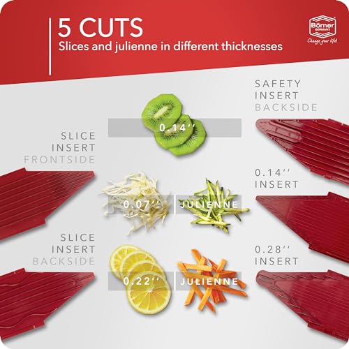 Börner Vegetable Slicer V1 (Starter Set) • V-Slicer with 4 Inserts & Fruit Holder • Adjustable Slicer for Vegetables & Fruits • Vegetable Cutter for Slices, Strips & Cubes • Color: Red - Image 3
