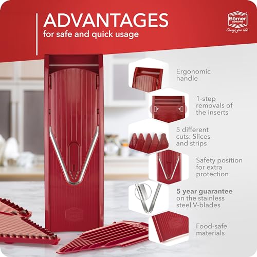 Börner Vegetable Slicer V1 (Starter Set) • V-Slicer with 4 Inserts & Fruit Holder • Adjustable Slicer for Vegetables & Fruits • Vegetable Cutter for Slices, Strips & Cubes • Color: Red - Image 5