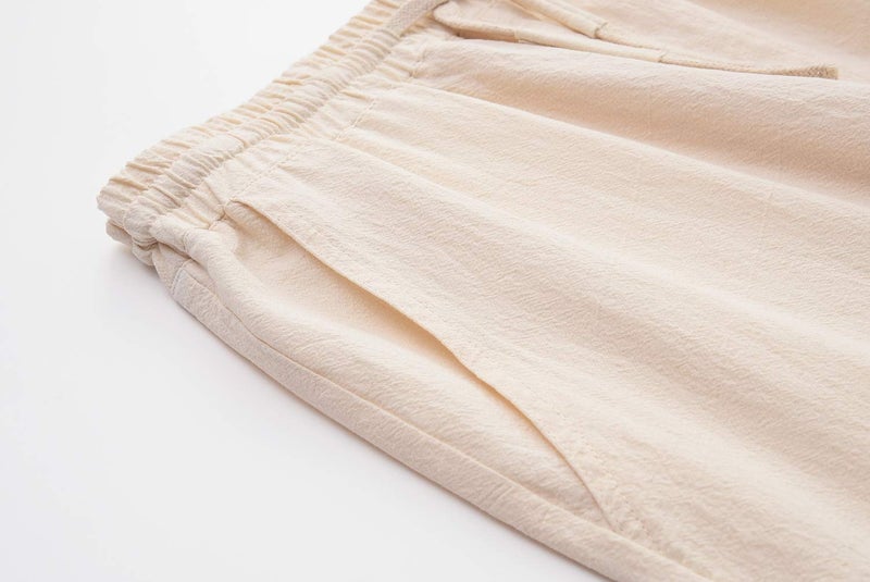 SIR7 Men's Linen Cotton Casual Classic Fit 11 Inch Inseam Elastic Waist Shorts with Drawstring Beige Medium - Image 4
