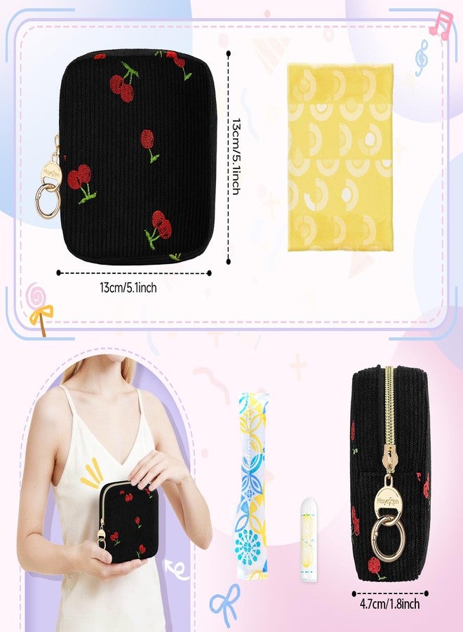 Playexen Period Bag with Cherry Keychain, Small Period Pouches for Teen Girls, Cute Sanitary Napkin Storage Bag, Cherry Compact Discreet Pad and Tampon Holder for Purse (Corduroy-Black - Image 2