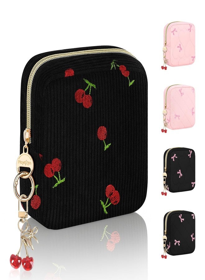 Playexen Period Bag with Cherry Keychain, Small Period Pouches for Teen Girls, Cute Sanitary Napkin Storage Bag, Cherry Compact Discreet Pad and Tampon Holder for Purse (Corduroy-Black - Image 1