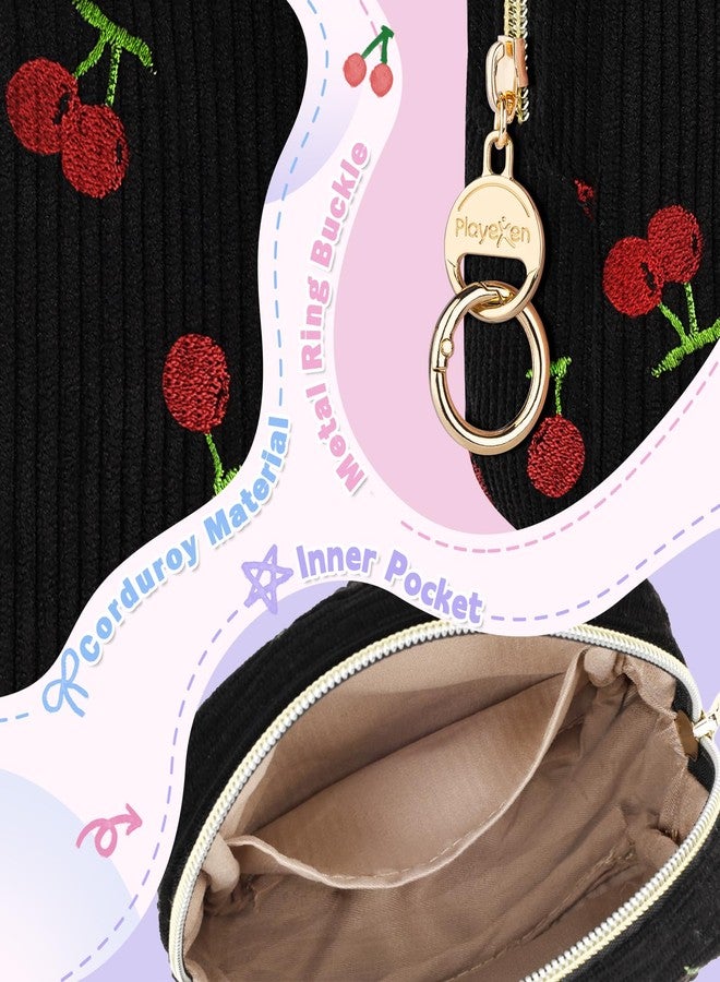 Playexen Period Bag with Cherry Keychain, Small Period Pouches for Teen Girls, Cute Sanitary Napkin Storage Bag, Cherry Compact Discreet Pad and Tampon Holder for Purse (Corduroy-Black - Image 3