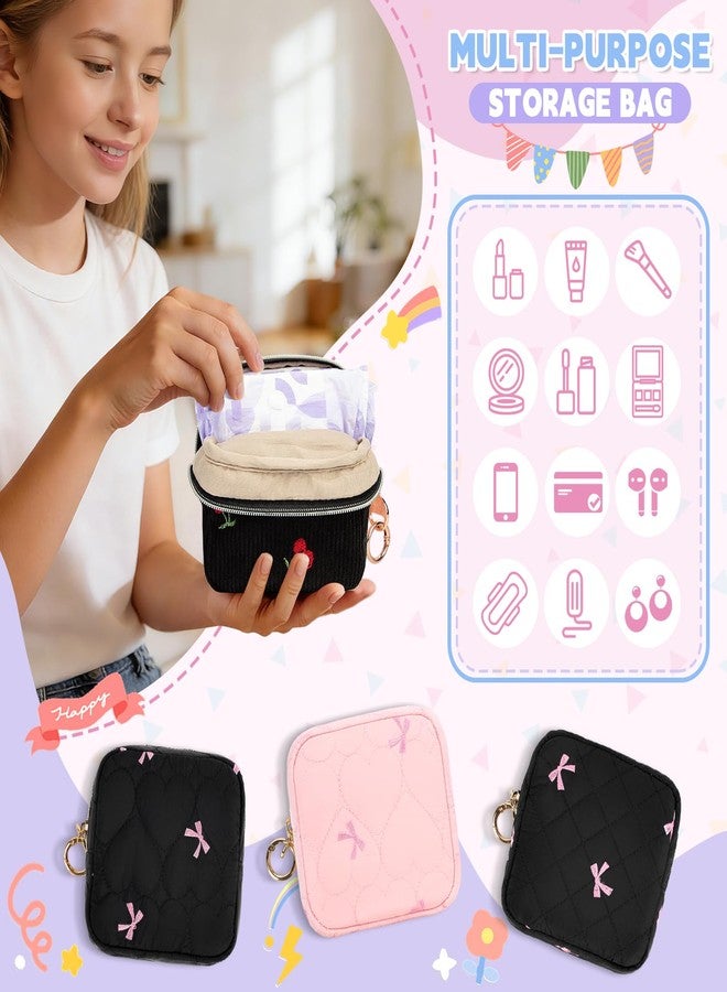 Playexen Period Bag with Cherry Keychain, Small Period Pouches for Teen Girls, Cute Sanitary Napkin Storage Bag, Cherry Compact Discreet Pad and Tampon Holder for Purse (Corduroy-Black - Image 4