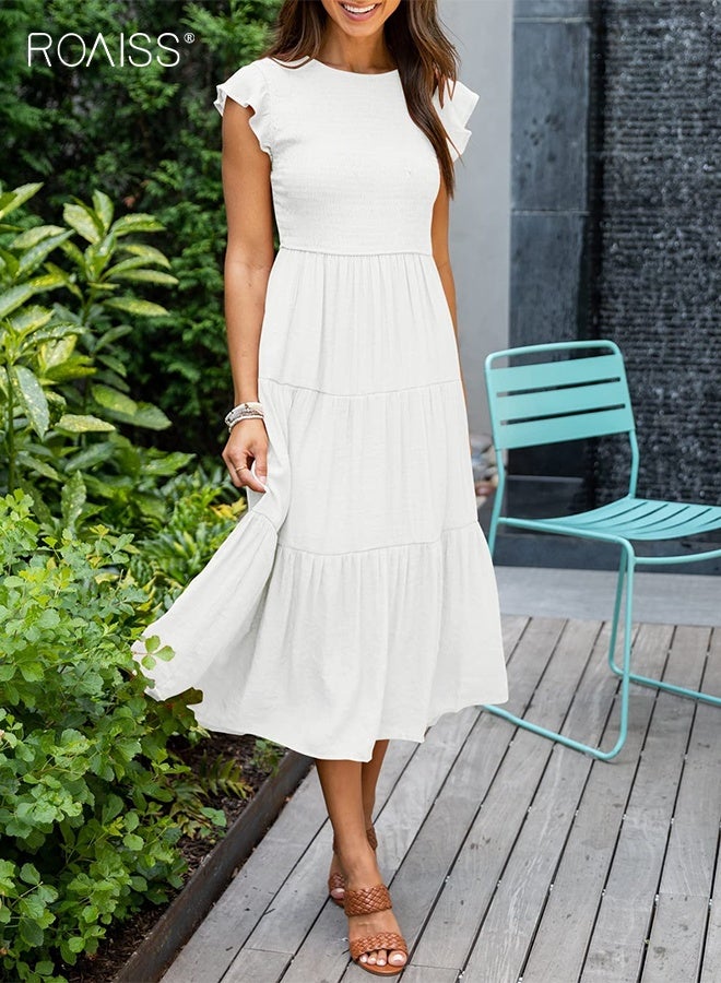 roaiss Women's Summer Casual Midi Maxi Dress Boho Round Neck Short Ruffle Cap Sleeves Waisted Loose Long Dresses for Ladies,  Classic High Waist A-Line Holiday Dress White - Image 2