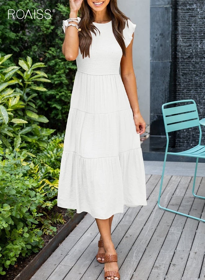 roaiss Women's Summer Casual Midi Maxi Dress Boho Round Neck Short Ruffle Cap Sleeves Waisted Loose Long Dresses for Ladies,  Classic High Waist A-Line Holiday Dress White - Image 1