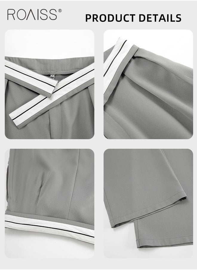 roaiss - Casual Drape Suit Pants for Women Contrast Color Breathable Wide Leg Trousers with Loose Fit and Special Splicing Hem Design Ladies Slimming Straight Leg Pants Flatter All Body Types - Image 1