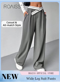 Casual Drape Suit Pants for Women Contrast Color Breathable Wide Leg Trousers with Loose Fit and Special Splicing Hem Design Ladies Slimming Straight Leg Pants Flatter All Body Types