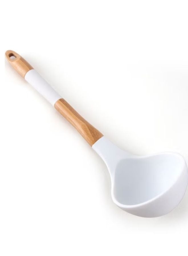Heat Resistant Silicone Wood Nonstick Cooking Soup Spoon With Hanging Hole -White