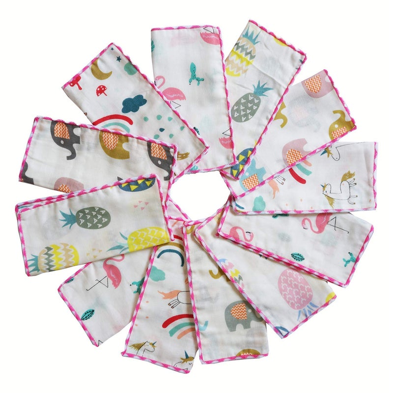 Omilion Muslin Baby Washcloths Set12Pack Natural Cotton Infant Bath Towel Soft Toddler Face Towel Gift Registry Newborn Baby Shower 9x9 Inches Tropical Rainforest Square